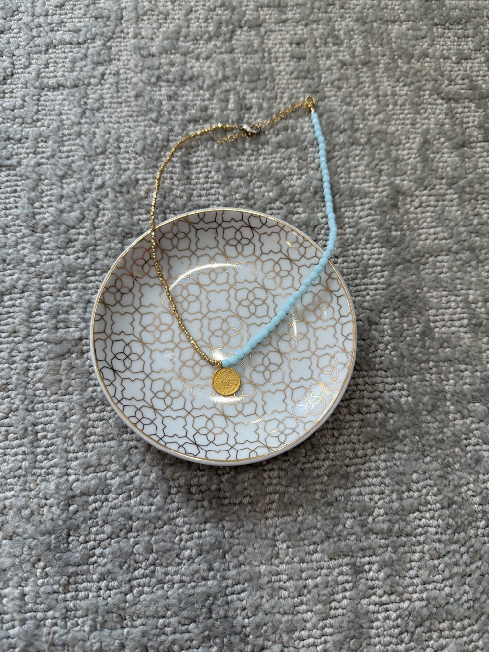 Gold Coin Pendant Necklace with Light Blue Beads